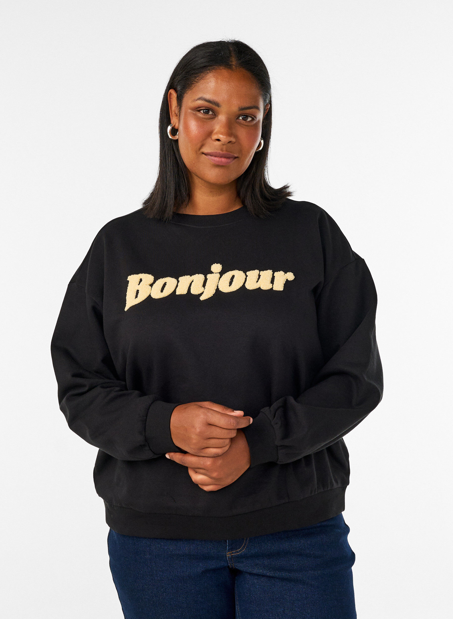 ZizziSweatshirt med textmotiv i boucl&eacute;, Svart, Model image number 0