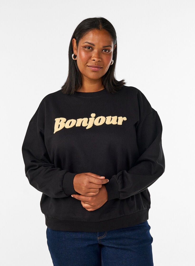 Sweatshirt med textmotiv i boucl&eacute;, Svart, Model image number 0
