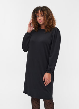 Sweatshirtklänning med ballongärmar, Black, Model image number 0