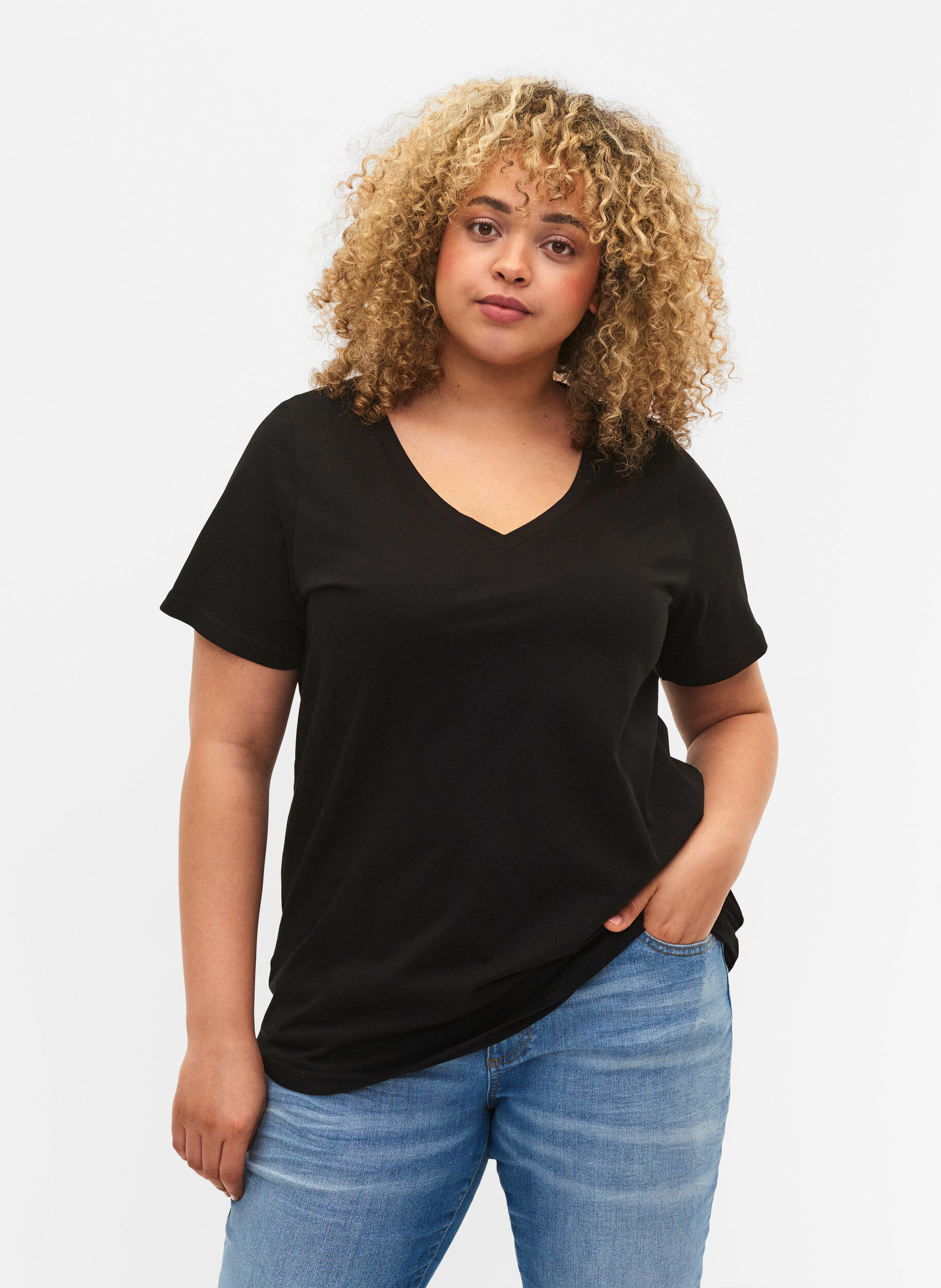 Zizzi 2-pack t-shirt i bomull, Black/Bright W, Model image number 0