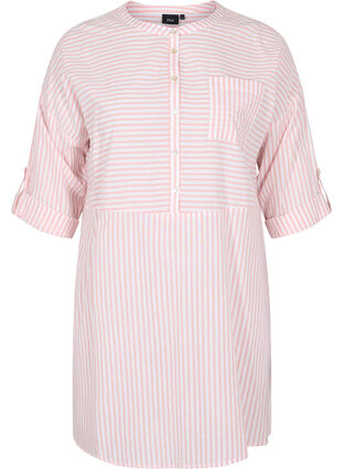 Randig tunika med knappar och 3/4 ärmar, Rose Tan Stripe, Packshot image number 0
