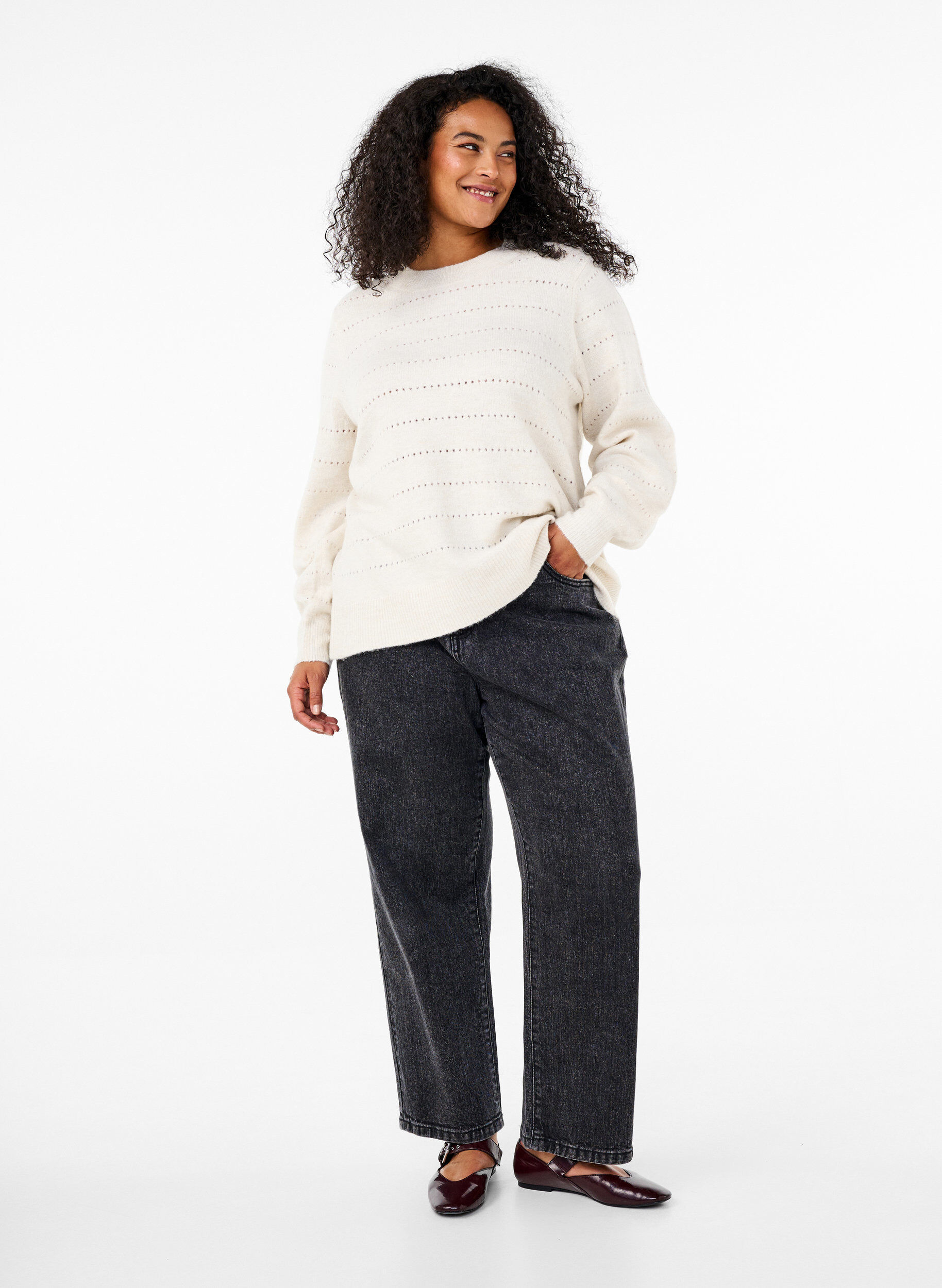 Zizzi Stickad blus med rund hals och h&aring;lm&ouml;nster, Birch Mel., Model image number 2