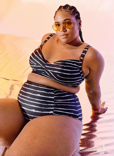Randig bikiniunderdel med hög midja, Black White Stripe, Image image number 0