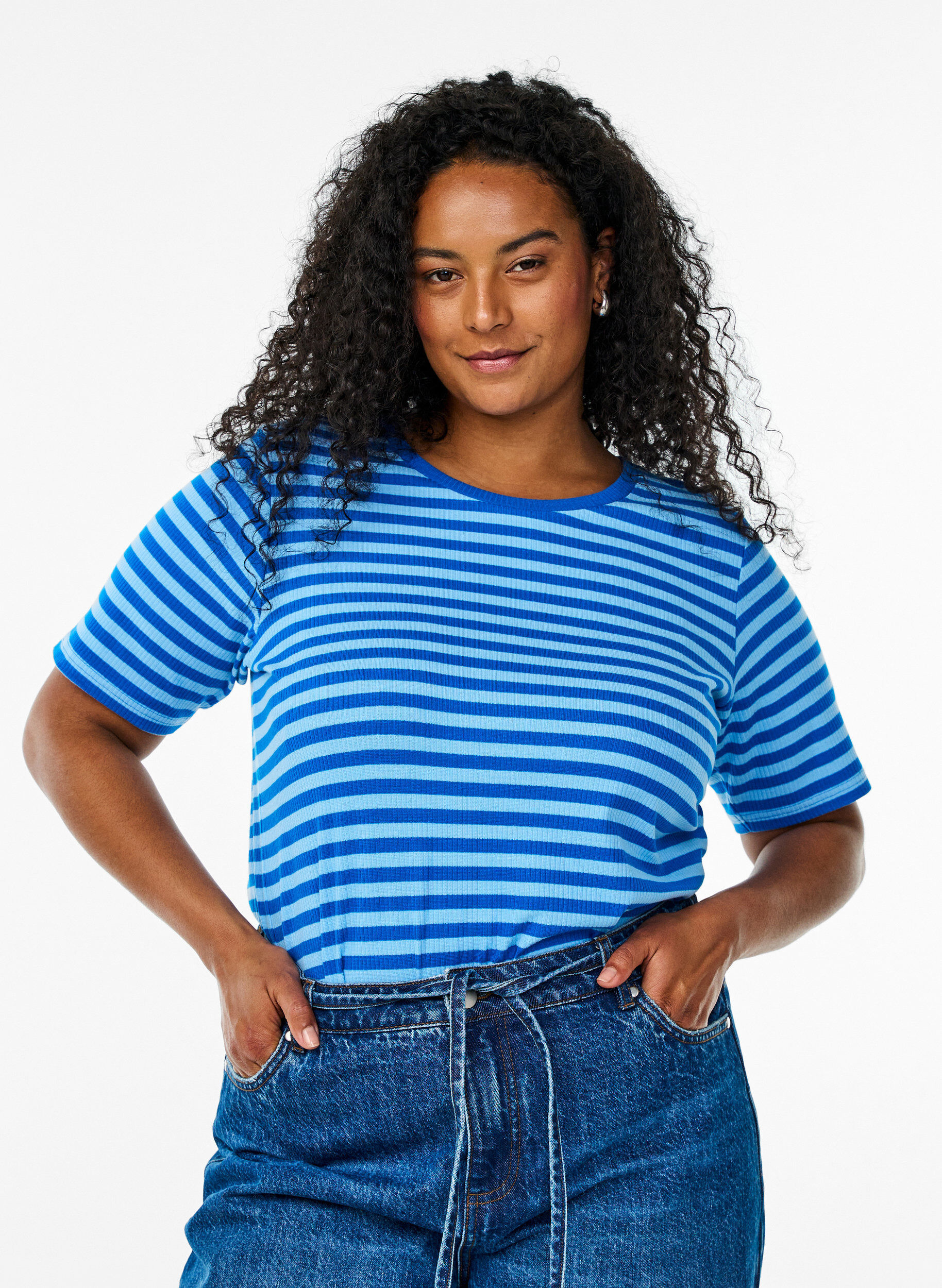 ZizziRandig t-shirt med ribbad struktur, Bl&aring;, Model image number 0