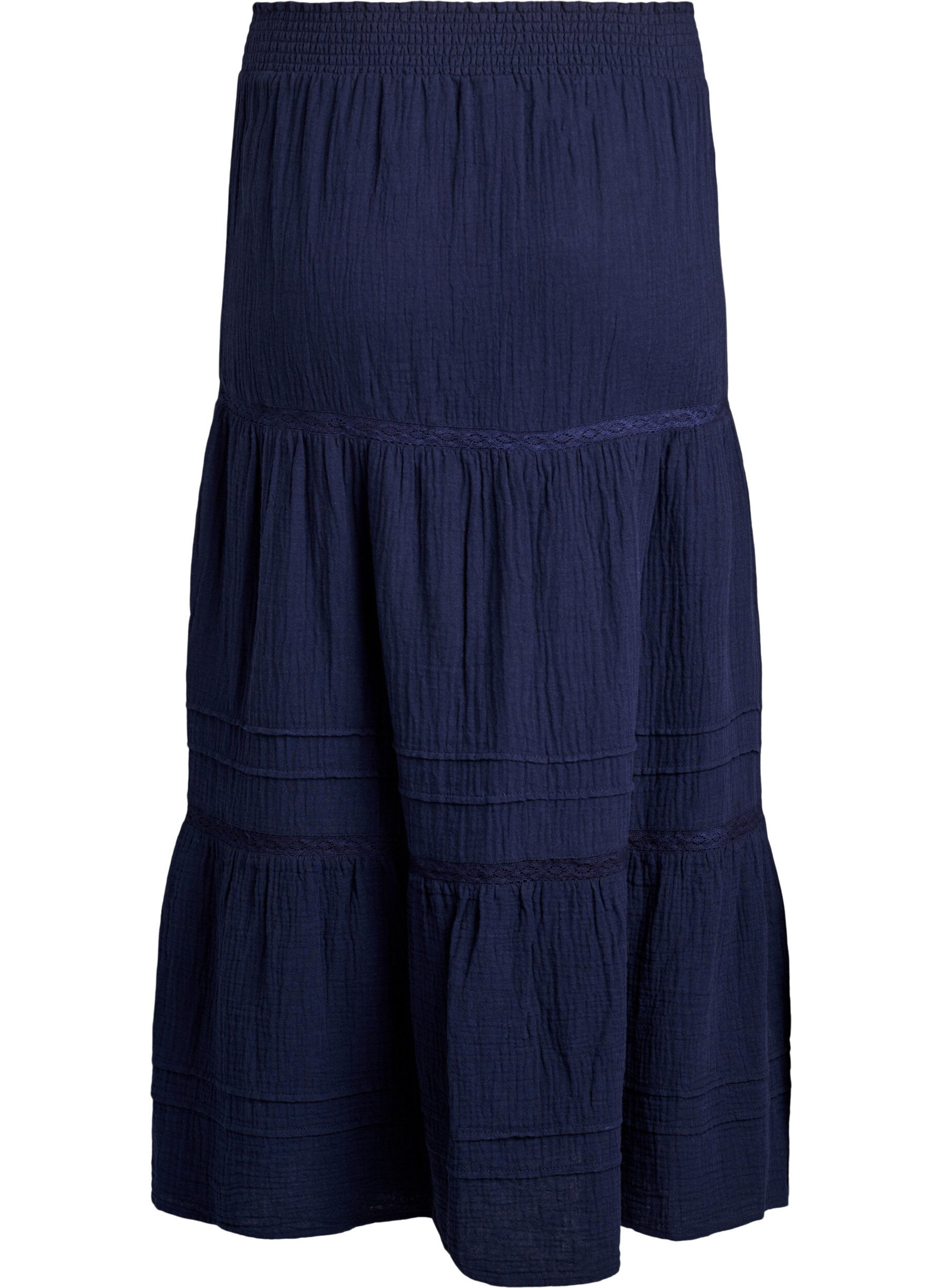 ZizziA-linjeformad midikjol i bomullsmuslin med virkat band, Bl&aring;, Packshot image number 1