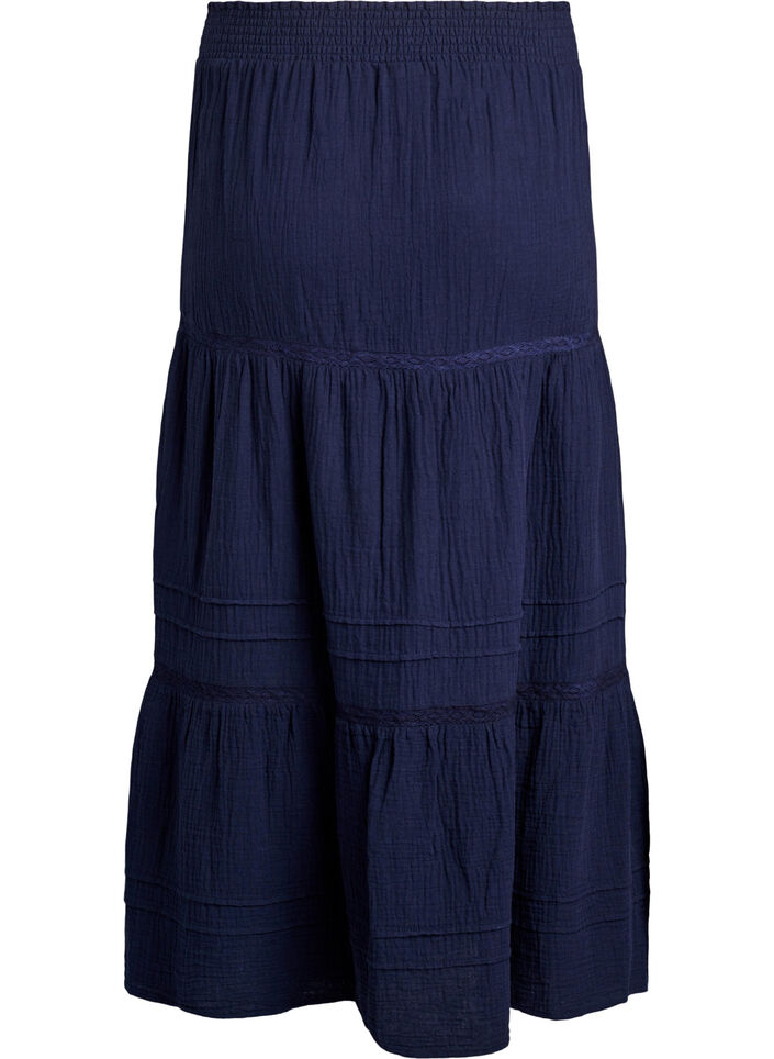 A-linjeformad midikjol i bomullsmuslin med virkat band, Bl&aring;, Packshot image number 1