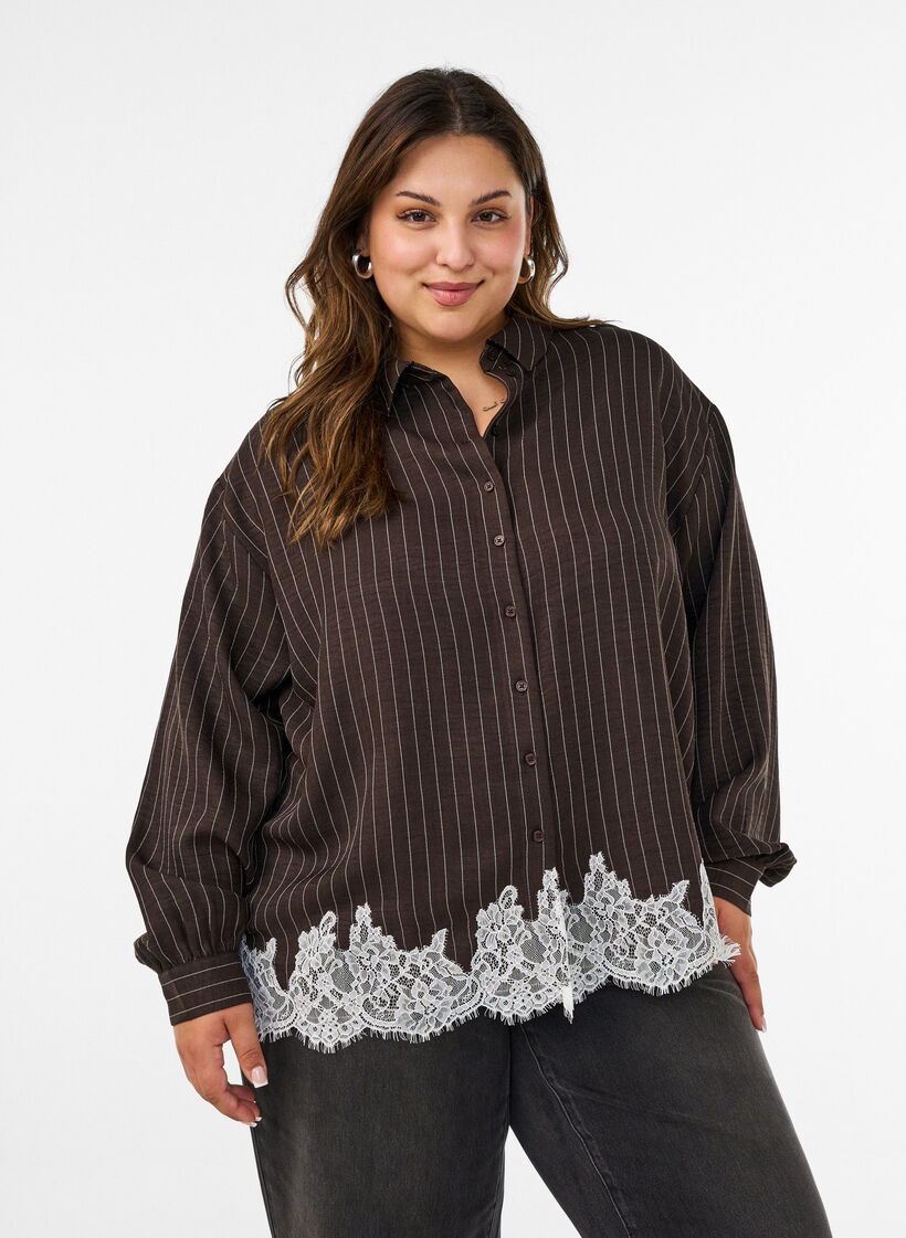 Kritstrecksrandig skjorta med spetskant, Brun, Model image number 0
