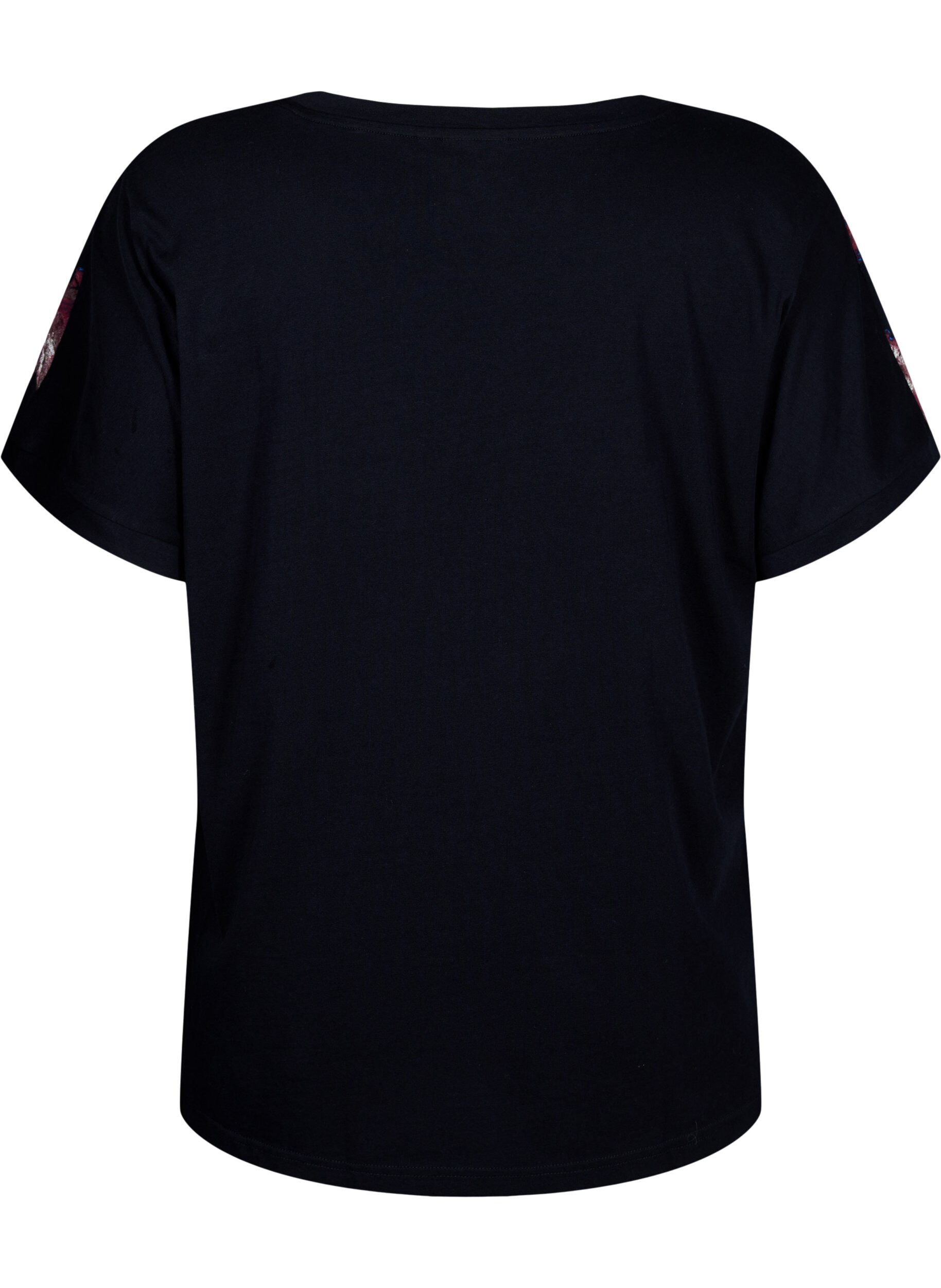Zizzi L&ouml;st sittande t-shirt med blommigt tryck, Black Purple Fl. AOP, Packshot image number 1