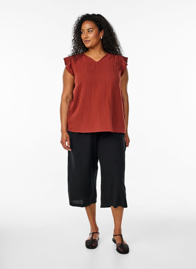 &Auml;rml&ouml;s topp i bomullsmuslin med volanger, R&ouml;d, Model image number 1