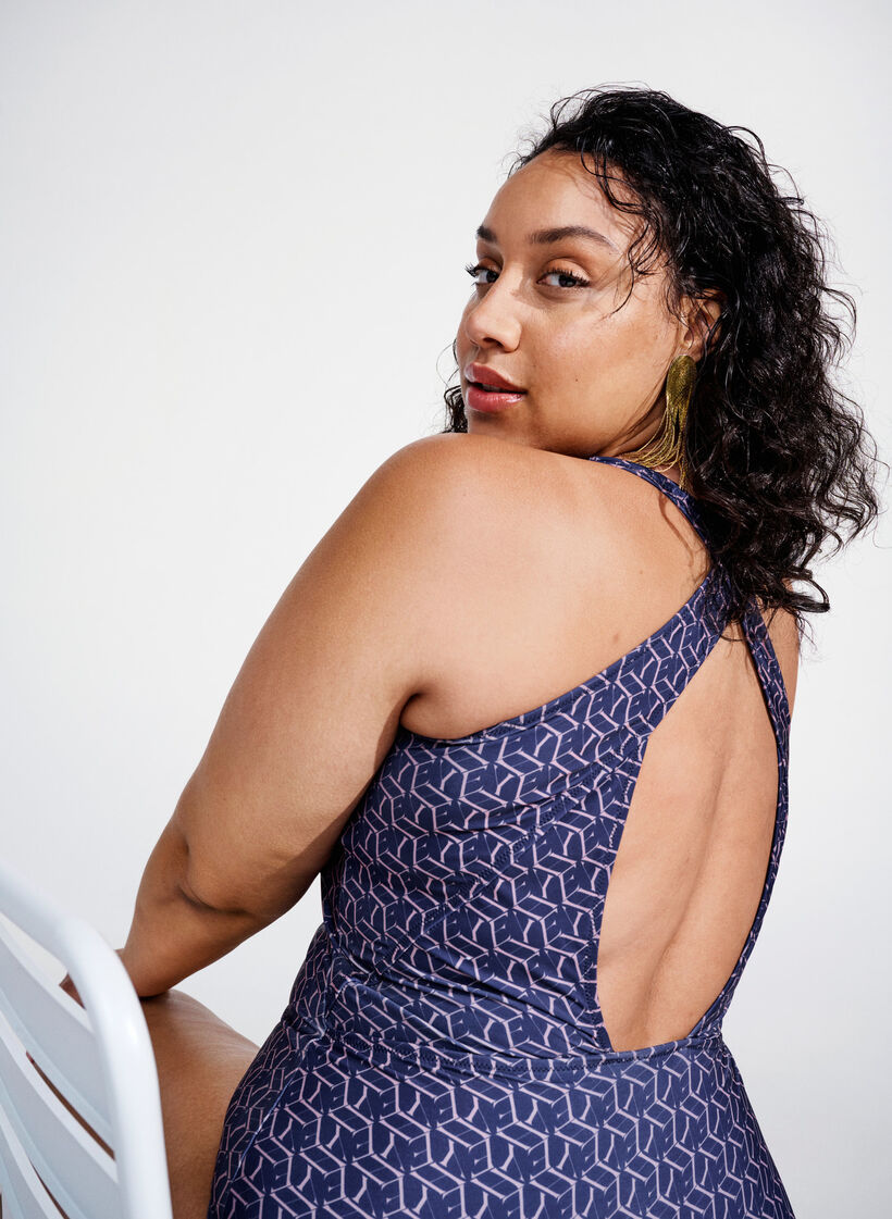 Baddräkt med tryck och korslagda band i ryggen, Text Print, Image image number 1