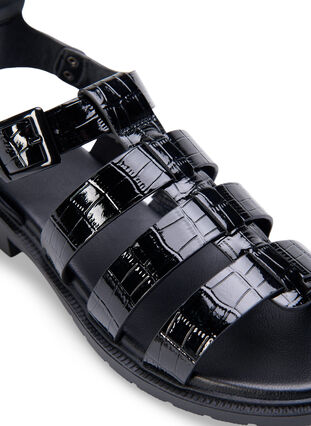 Sandal med bred passform i glänsande krokodilskinn, Black, Packshot image number 3