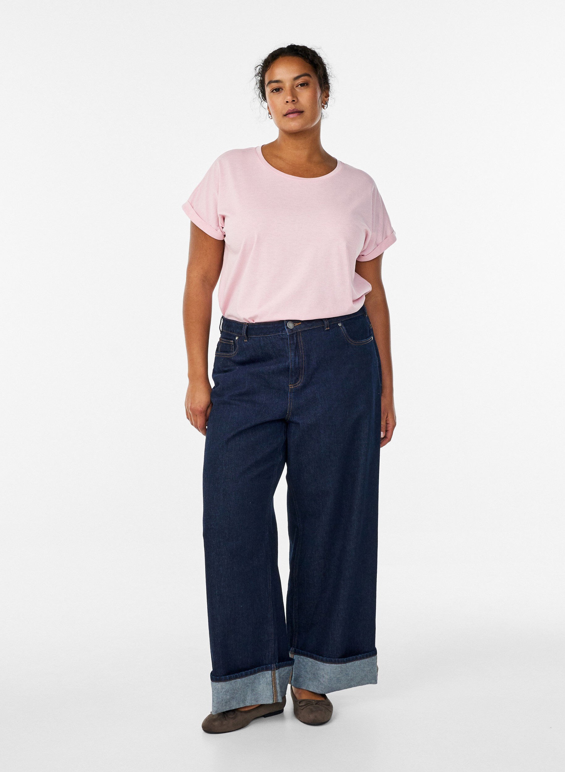 ZizziKort&auml;rmad t-shirt i bomullsmix, Rosa, Model image number 1