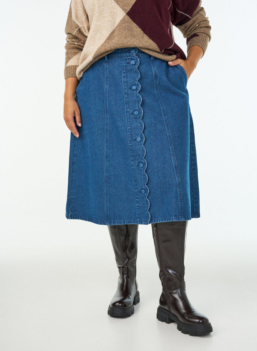 A-linjeformad jeanskjol med v&aring;gig knappsl&aring;, Bl&aring;, Model image number 2