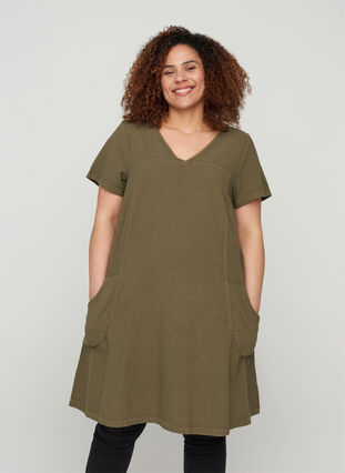 Kortärmad klänning i bomull, Ivy Green, Model image number 0