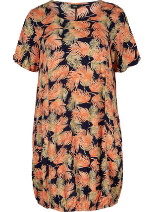Kortärmad viskosklänning med mönster, Orange Leaf, Packshot image number 0
