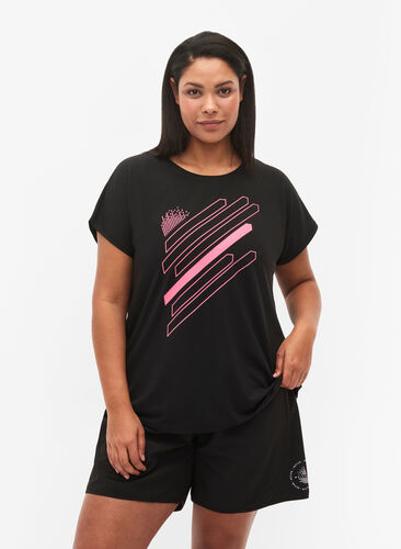 Kortärmad tränings t-shirt med tryck, Black/Pink Print, Model image number 0