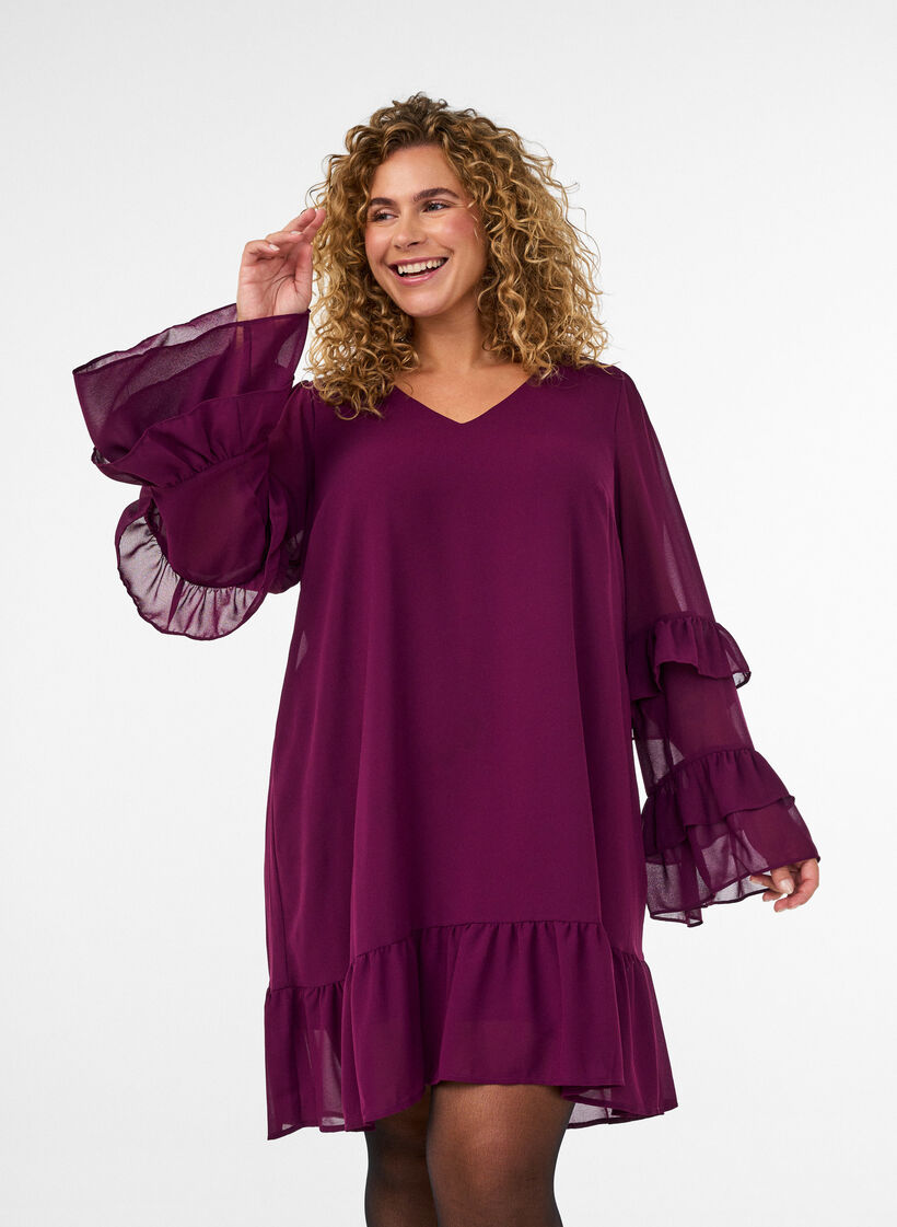 Kort kl&auml;nning med skira volang&auml;rmar, Lila, Model image number 3