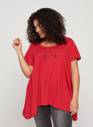 A-linjeformad och asymmetrisk t-shirt i bomull, Lipstick Red HEART, Model image number 0