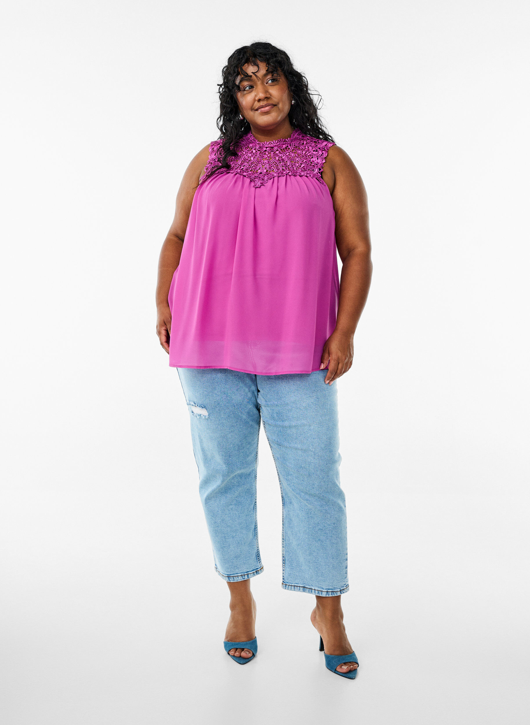 Zizzi &Auml;rml&ouml;s partytopp med virkade detaljer, Lila, Model image number 1