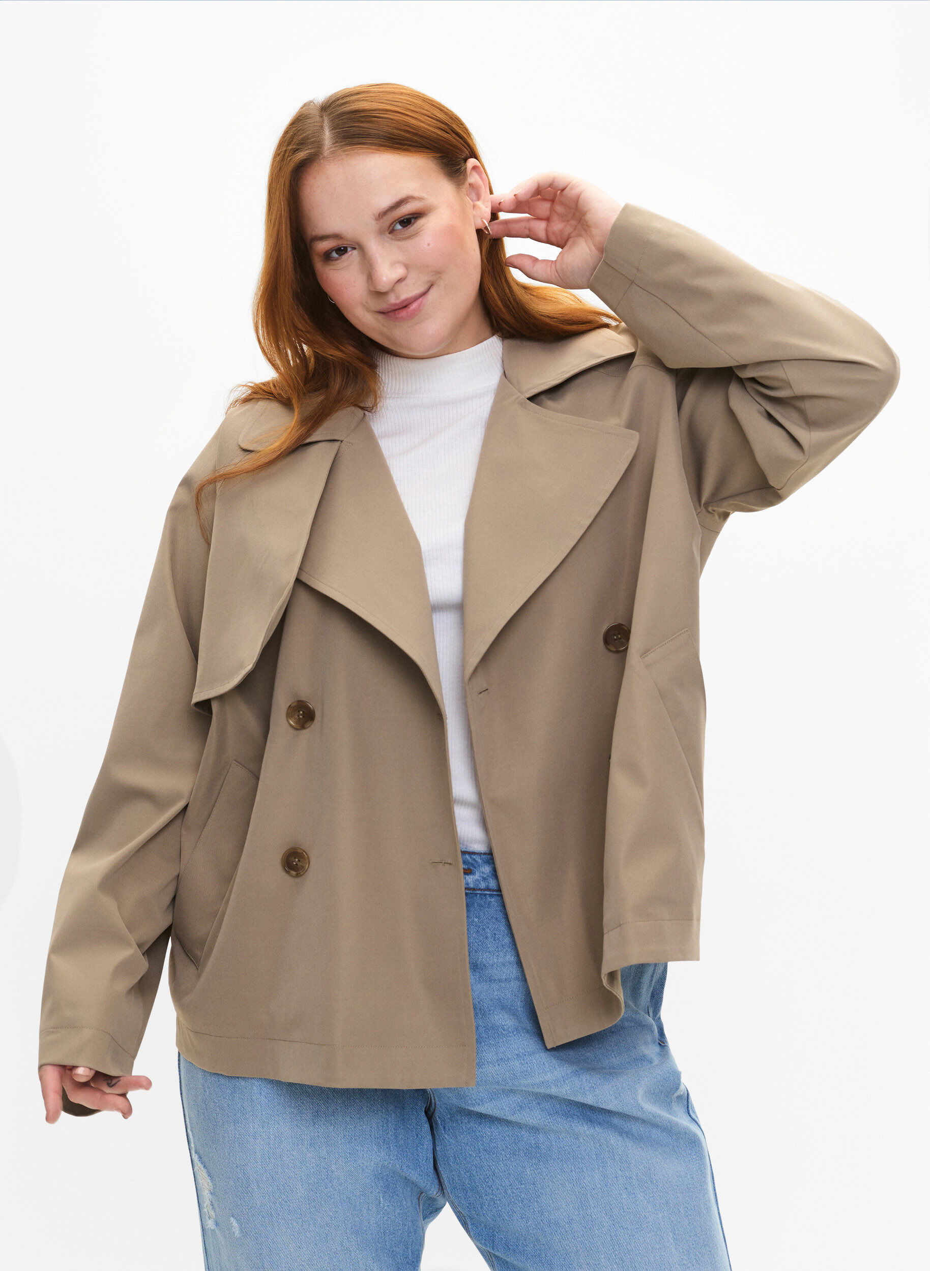Zizzi Kort trenchcoat som st&auml;ngs med tryckknappar, Coriander, Model image number 0