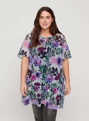 Kortärmad tunika med blommigt mönster, Purple Flower mix, Model image number 0