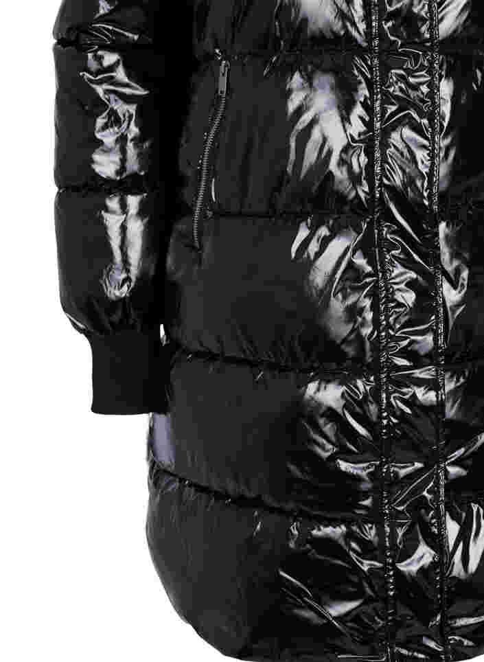 Glansig vinterjacka med dragkedja och knappar framtill, Black, Packshot image number 3