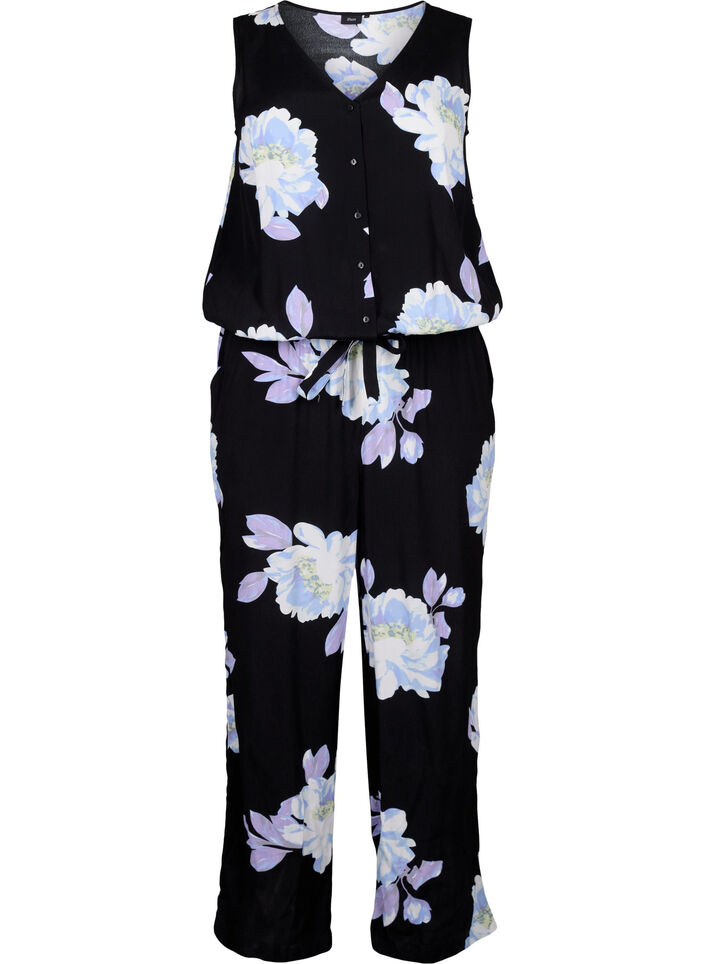 Ärmlös jumpsuit i viskos, Black Big Flower AOP, Packshot image number 0