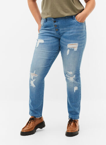 Emily jeans med slitningar och normal midjehöjd, Blue denim, Model image number 2