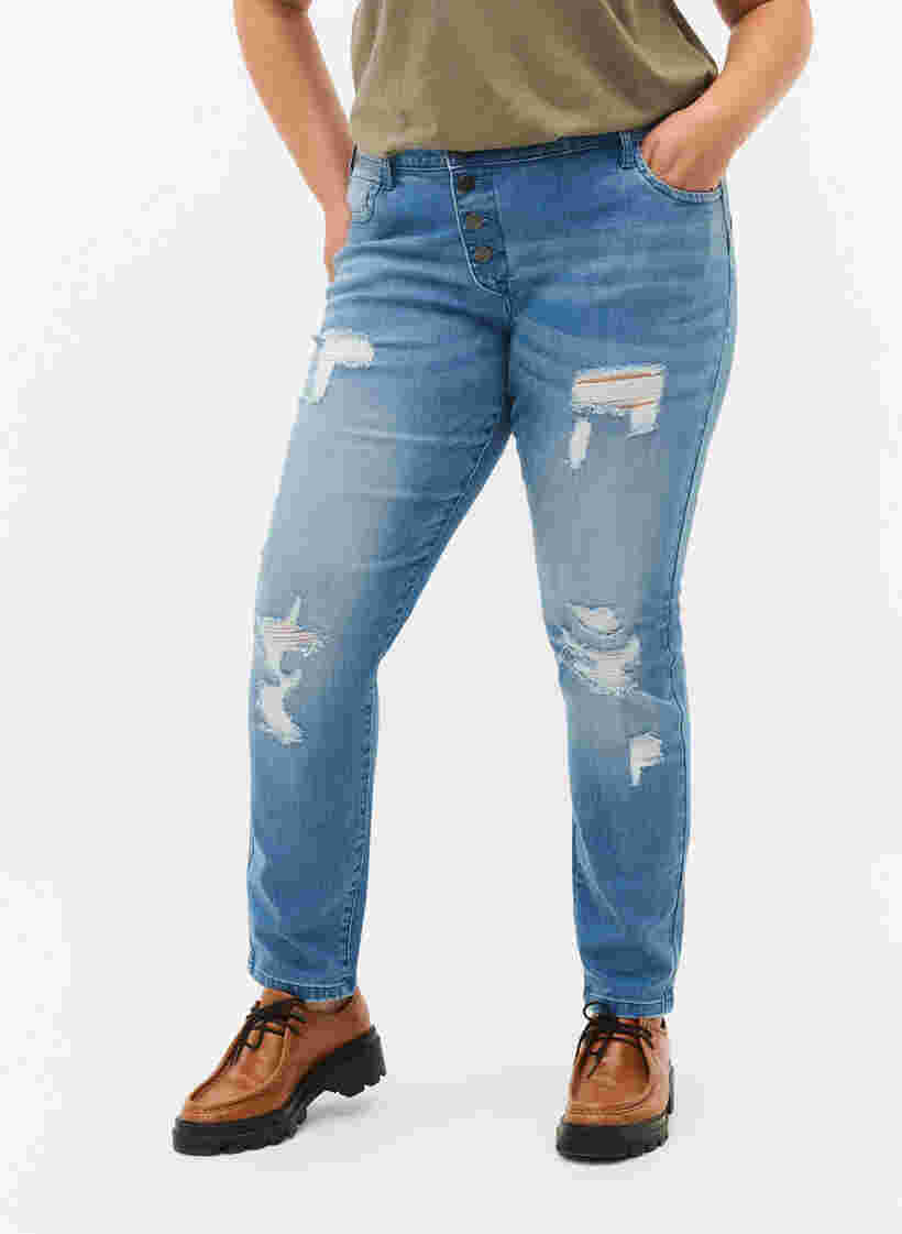 Emily jeans med slitningar och normal midjehöjd, Blue denim, Model image number 2