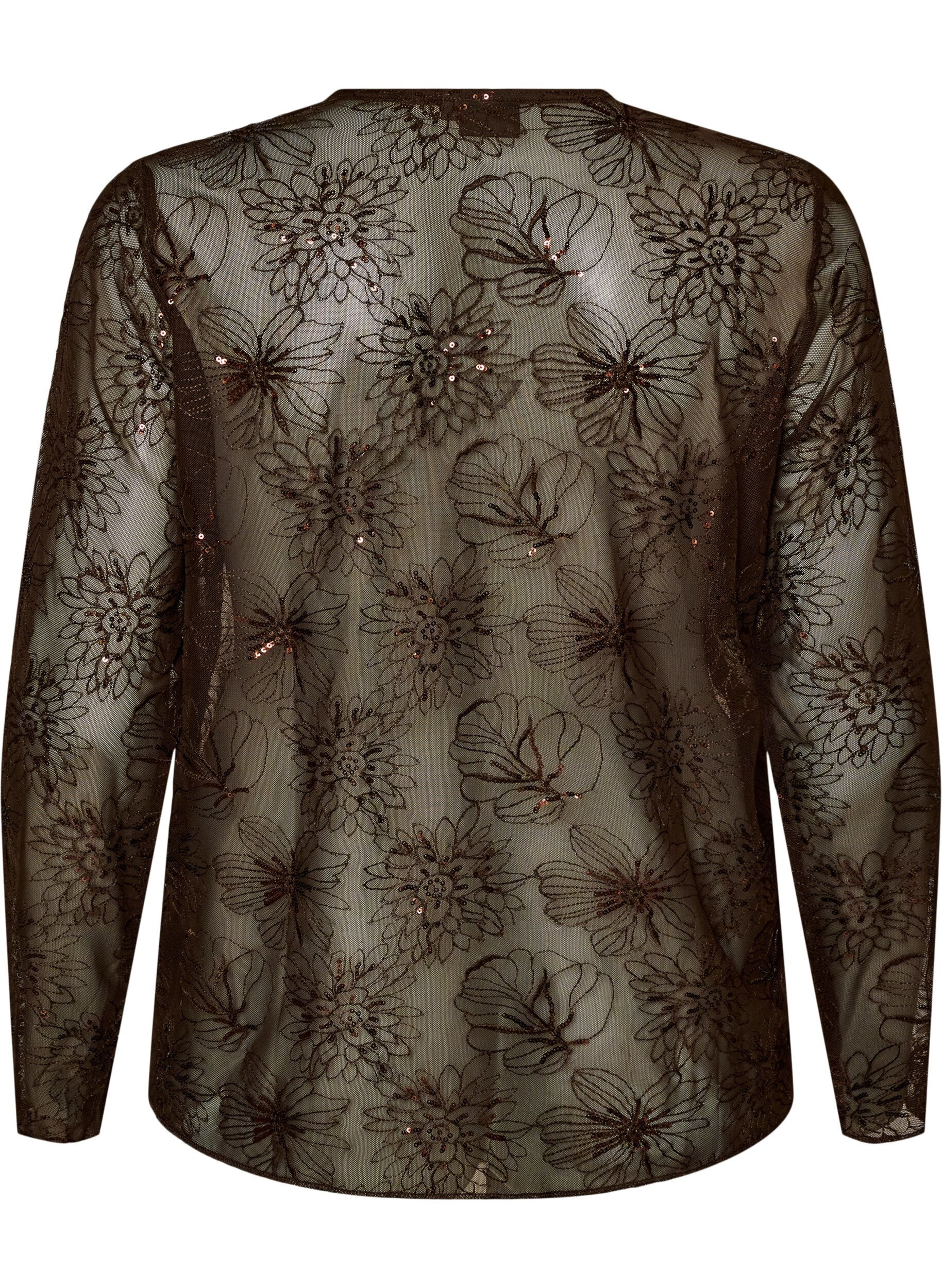 ZizziBlus i mesh med blommor och paljetter, Brun, Packshot image number 1