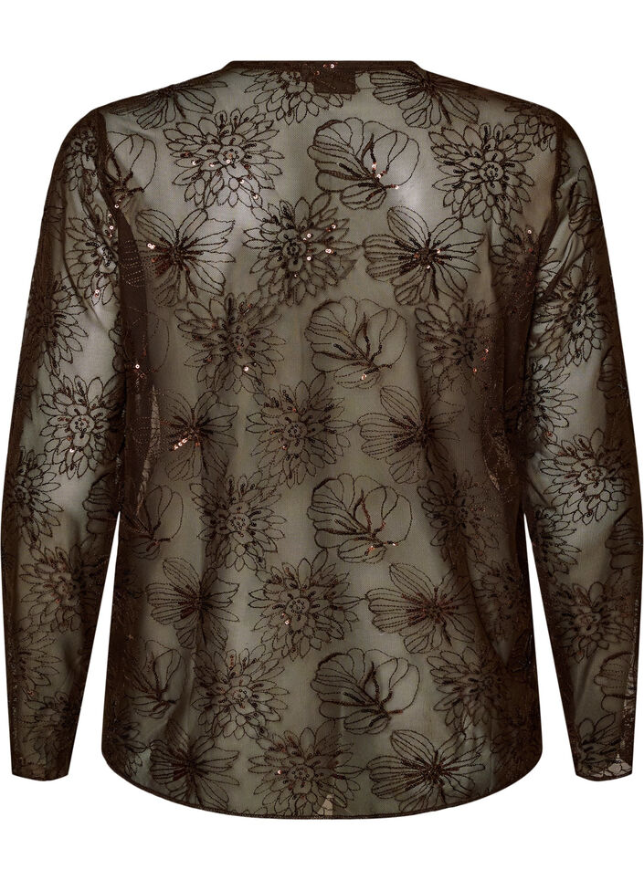 Blus i mesh med blommor och paljetter, Brun, Packshot image number 1
