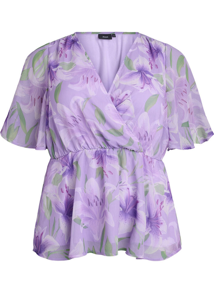 Blus i chiffong med blommor och korta &auml;rmar, Lila, Packshot image number 0