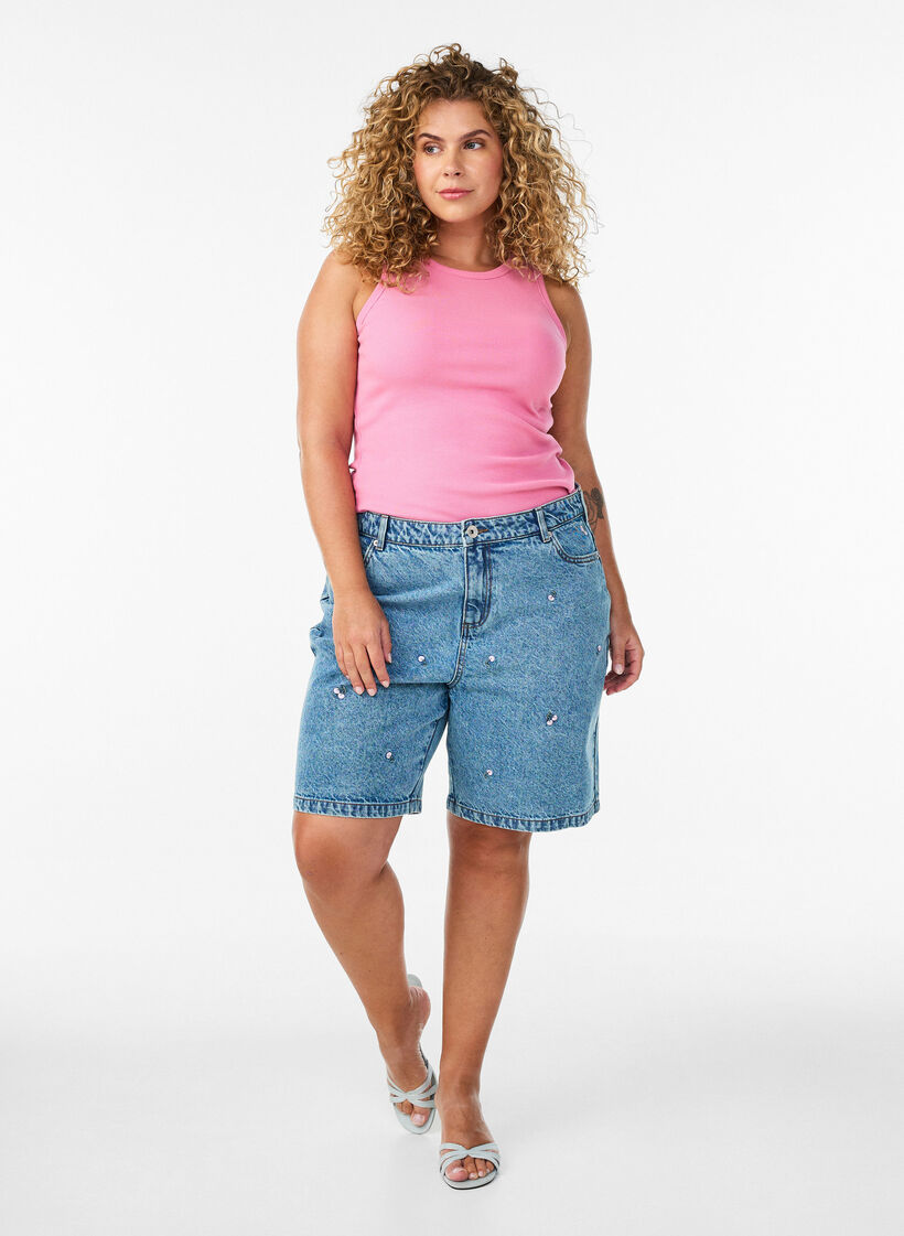 Jeansshorts med h&ouml;g midja och broderade motiv, Bl&aring;, Model image number 1