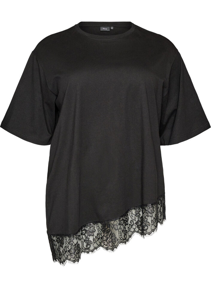 T-shirt med asymmetrisk spetskant, Svart, Packshot image number 0