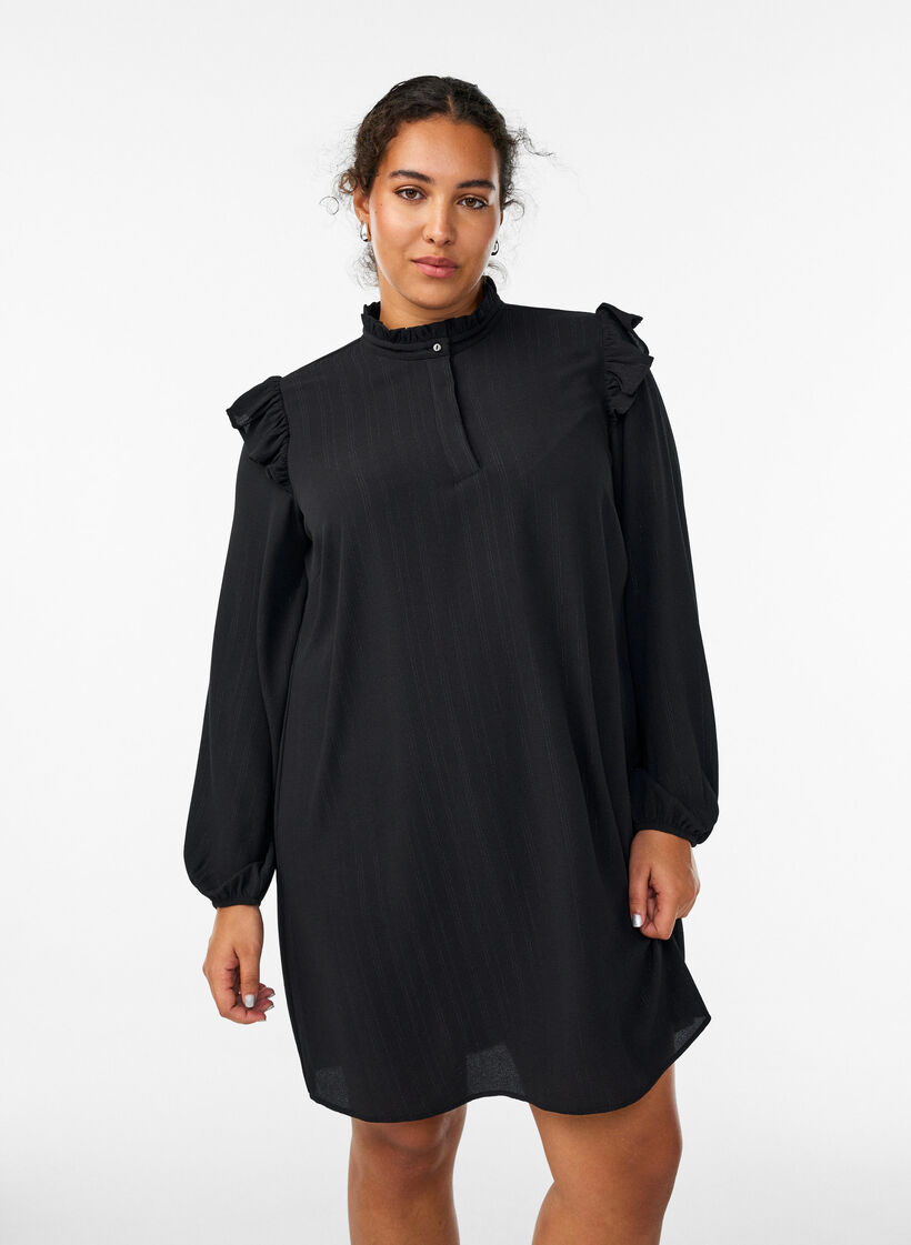 Kort kl&auml;nning med volanger och glitter, Svart, Model image number 0