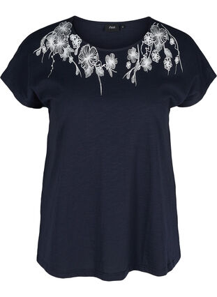 T-shirt i bomull med tryck längst upp, Night Sky FLOWER, Packshot image number 0