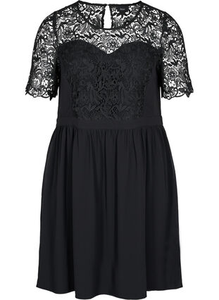 Kortärmad klänning med spetstopp, Black, Packshot image number 0