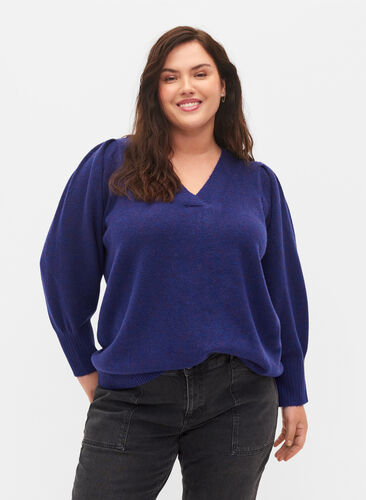 Melerad stickad tröja med puffärm och v-hals, Ultra Violet Mel., Model image number 0
