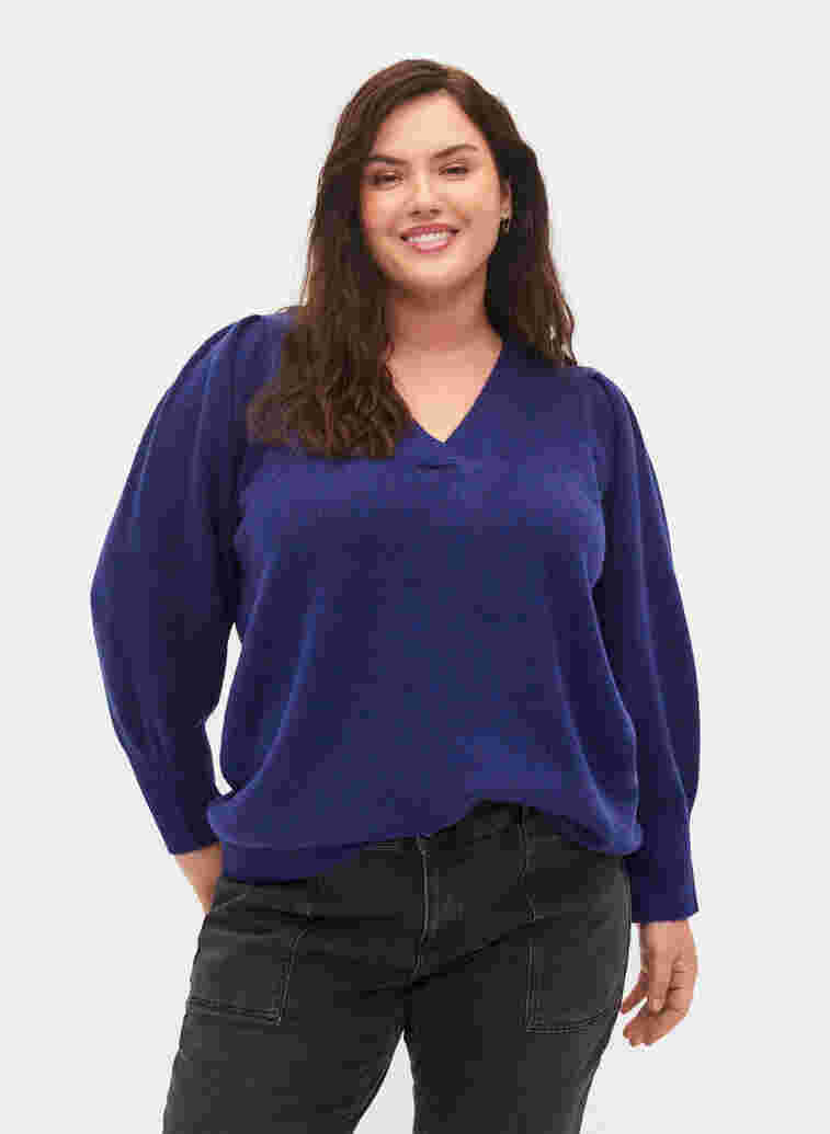 Melerad stickad tröja med puffärm och v-hals, Ultra Violet Mel., Model