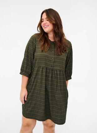 Skjorttunika med 3/4-ärmar, Ivy Green Check, Model image number 0