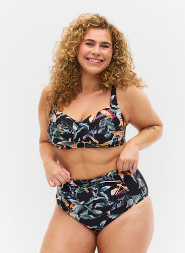 Mönstrad bikinitrosa med extra hög midja, Leaf Print, Model image number 0