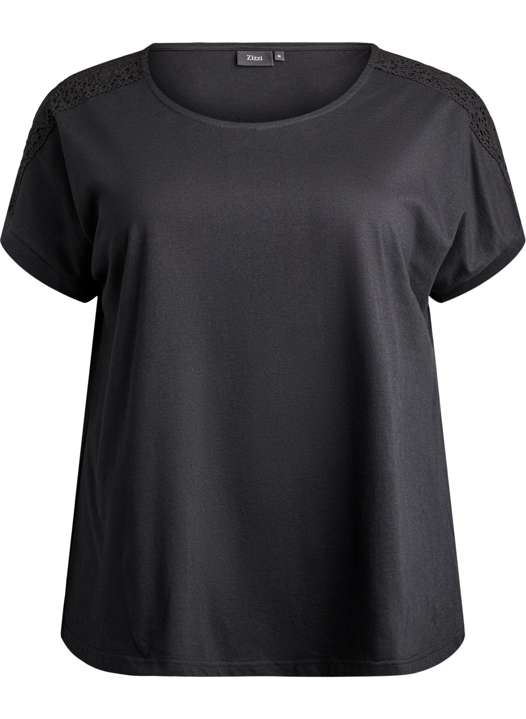 ZizziT-shirt i bomull med virkad detalj, Svart, Packshot image number 0