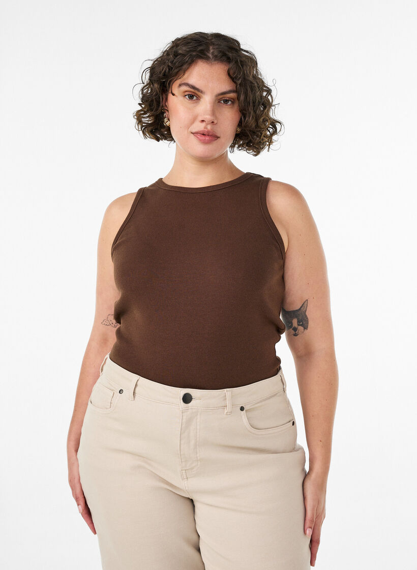 Ribbad topp i bomull med h&ouml;g hals, Brun, Model image number 0