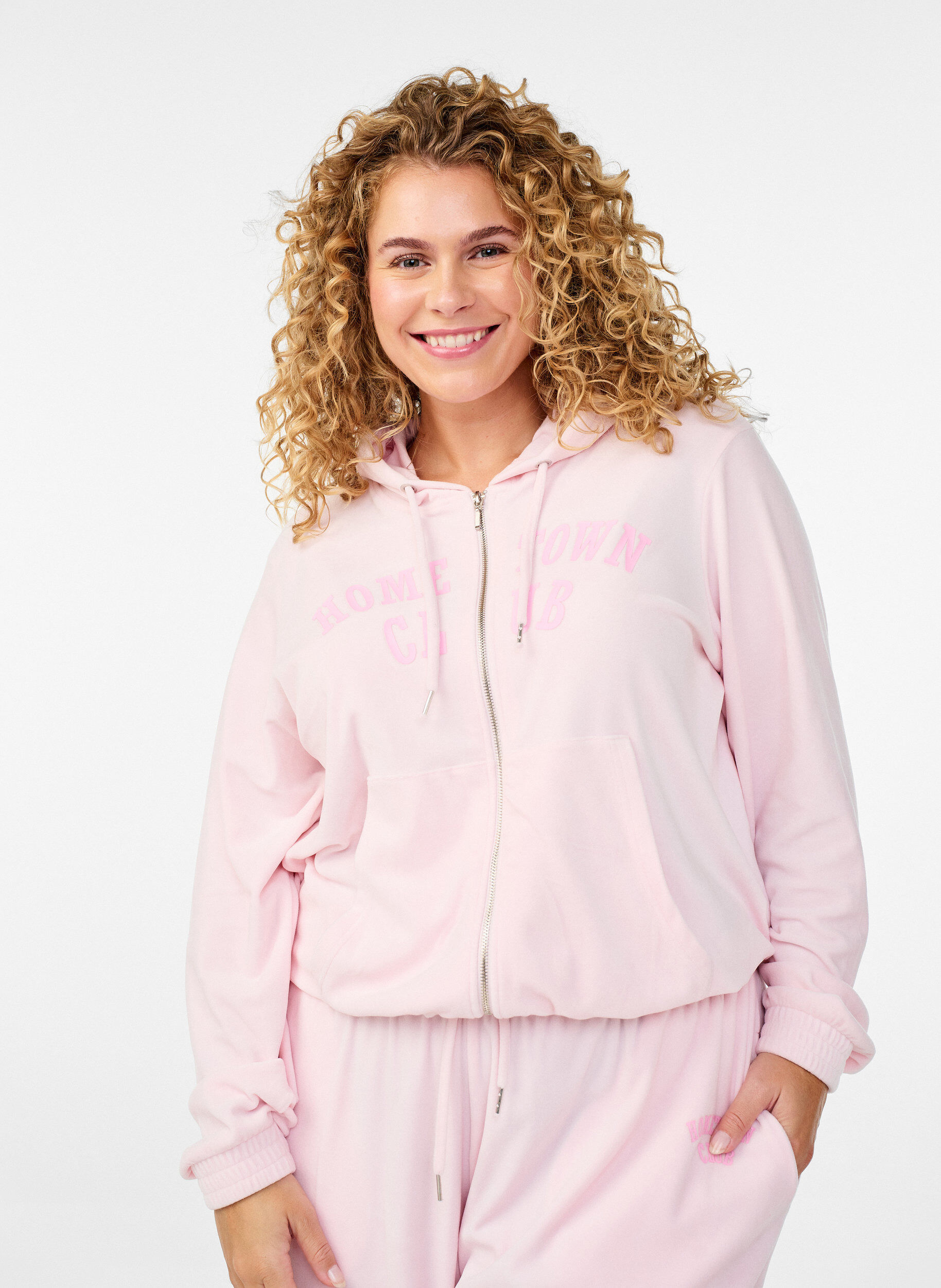 Zizzi Mjuk huvtr&ouml;ja i velour med dragkedja, Rosa, Model image number 0