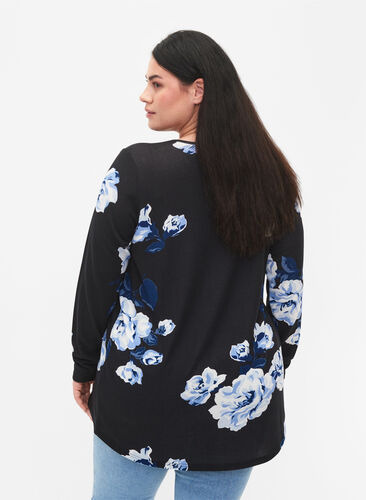Blomstrete bluse med lange ermer, Black Flower, Model image number 1