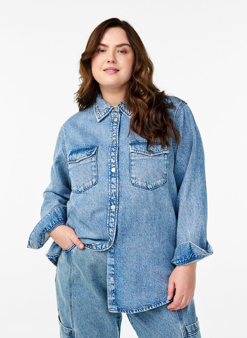 Denimskjorta med bröstfickor, Blå, Model image number 0
