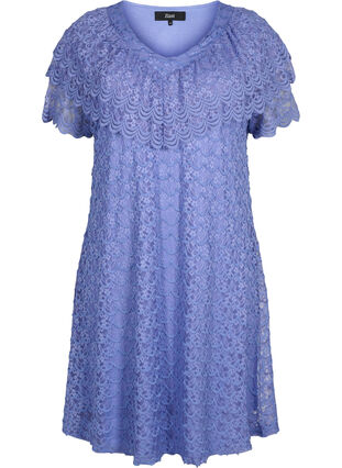 Kortärmad spetsklänning med breda volanger, Lavender Violet, Packshot image number 0