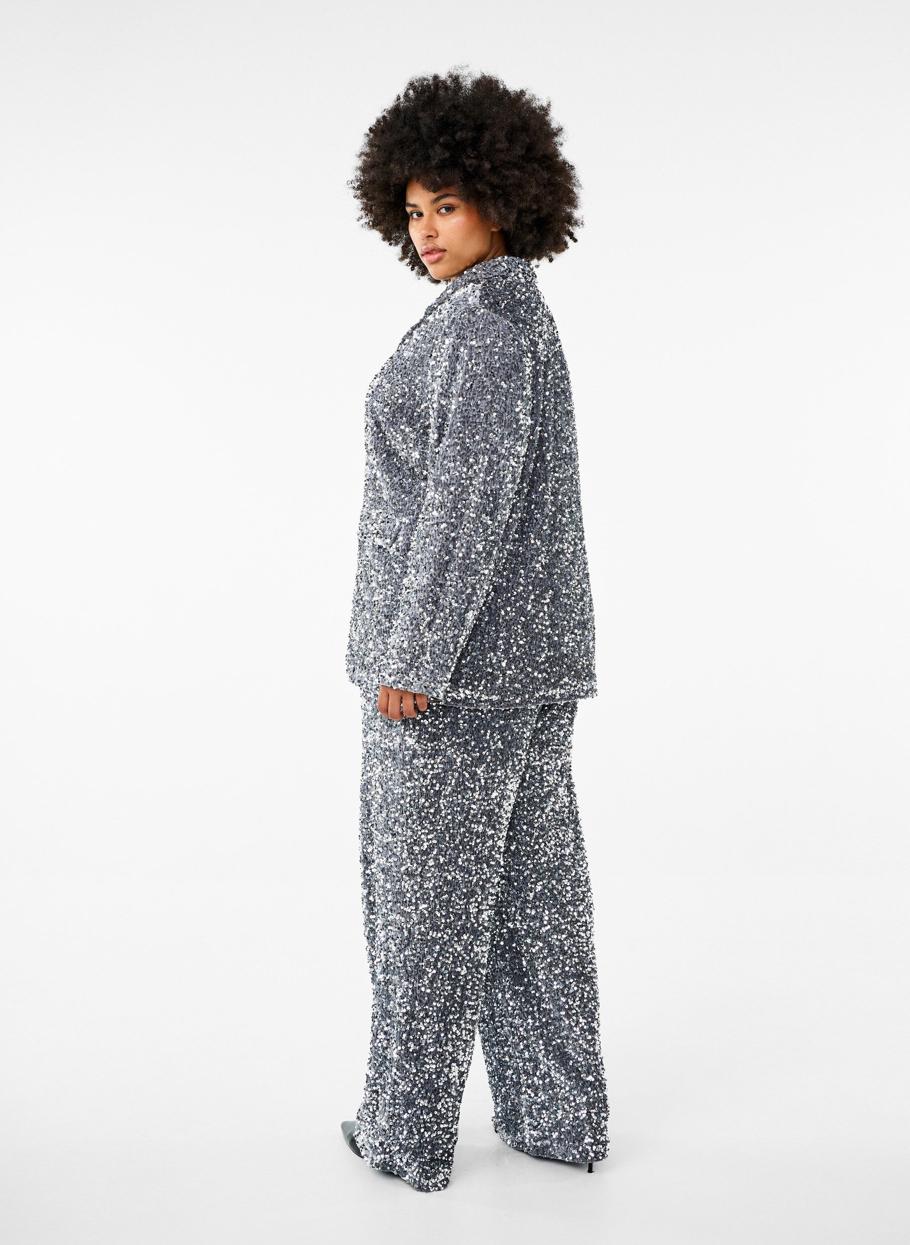 Zizzi L&ouml;s paljettbyxa med h&ouml;g midja, Silver, Model image number 1