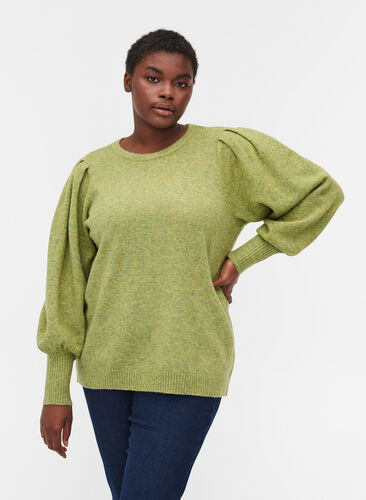 Melerad stickad tröja med puffärmar, Green Olive Mel., Model image number 0