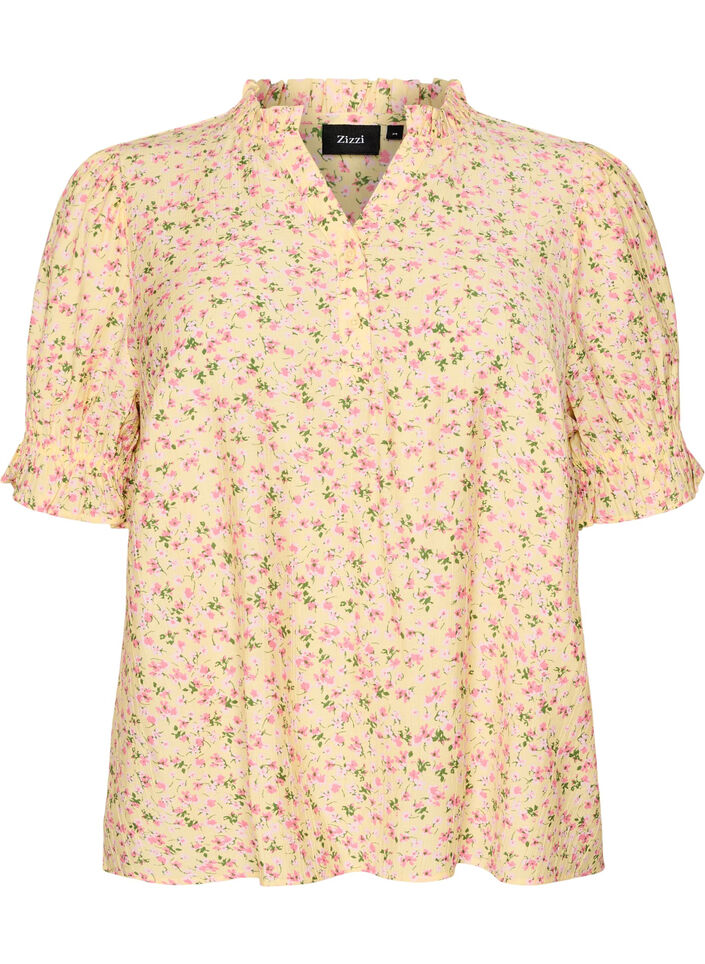Blommig blus i viskos med korta &auml;rmar och volangkrage, Gul, Packshot image number 0